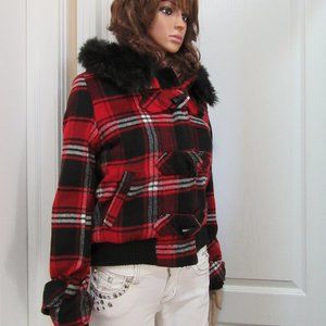 FIRM PRICE  Red Plaid Coat  Size Medium- Bomber Style- Like New